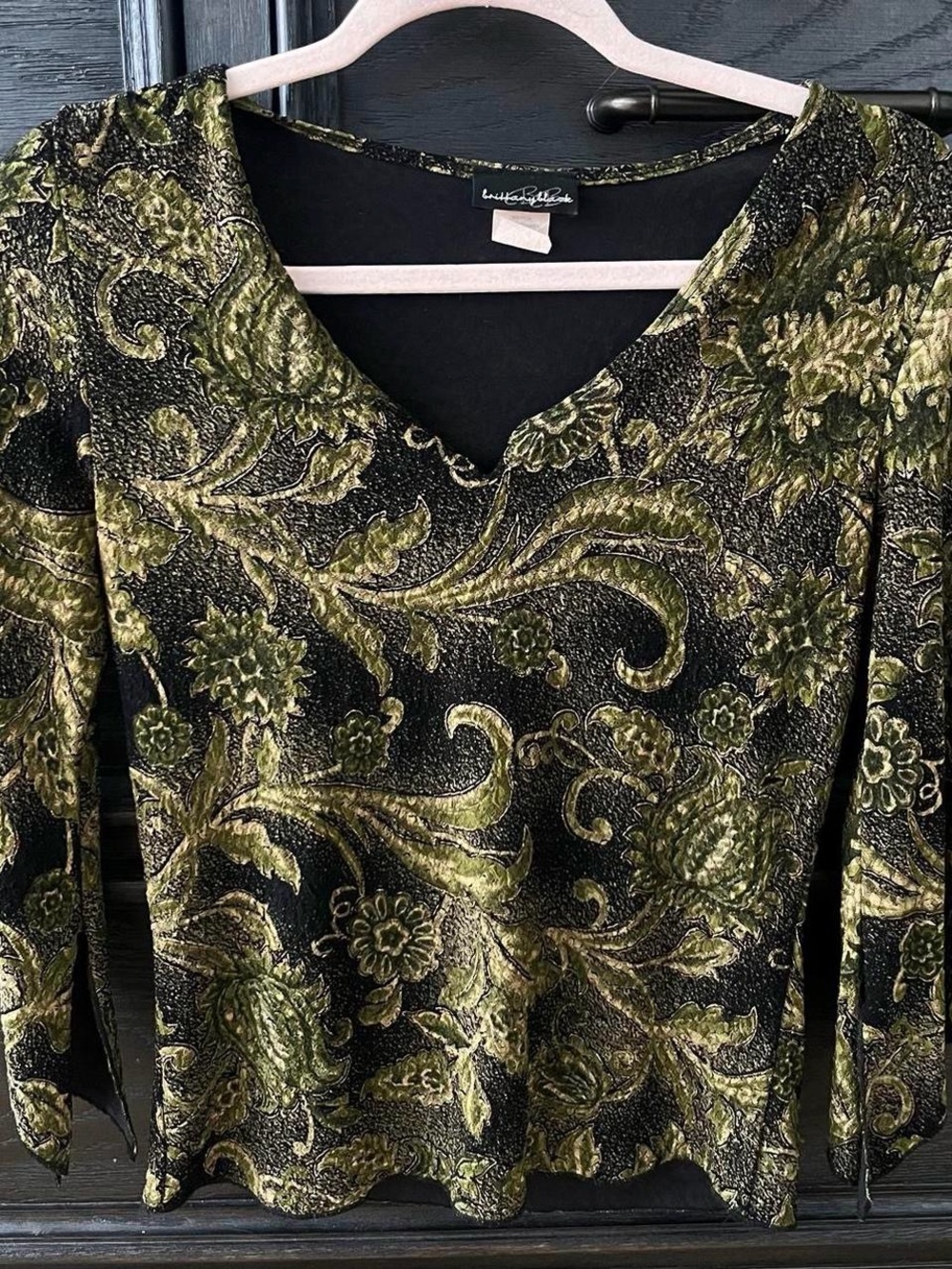 Vintage Whimsigoth Green & Black Velvet Burnout V-Neck Top